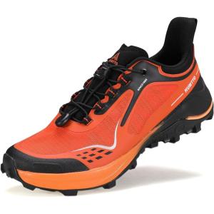 imageHUMTTO Mens Trail Running Shoes Quick Laces Cross Training Shoes Comfortable Breathable Anti Slip Walking Outdoors Athletic SneakersOrangeBlack