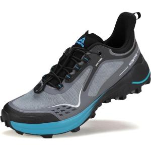 imageHUMTTO Mens Quick Laces Hiking Sneaker Lightweight Breathable Walking Outdoors Trail Running Shoes GreyBlack 11
